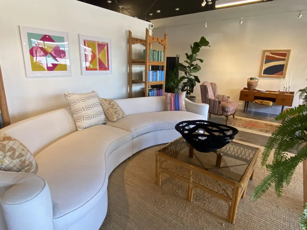 Vintage furnishings in the Mary Patton Design shop have been reimagined and reupholstered for new beginnings. 