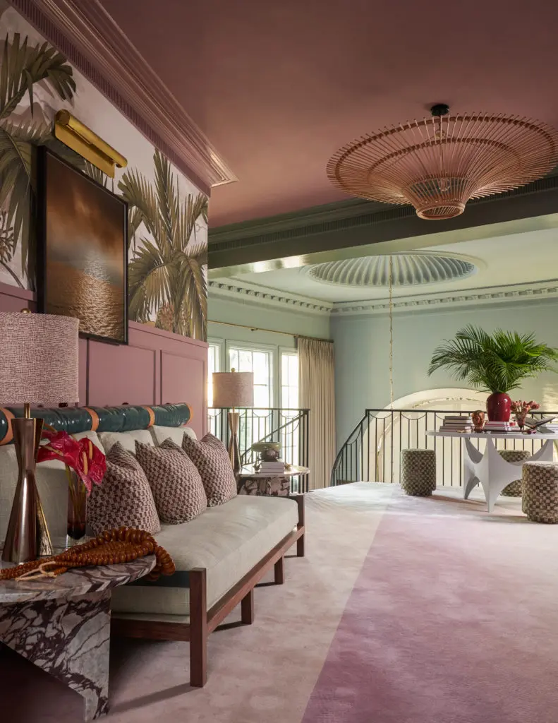 Christina Kim Interior Design evokes the dreamy moodiness of a Wong Kar-Wai film in the Main Staircase and Second Floor Landing. (Photo by Nathan Schroder)