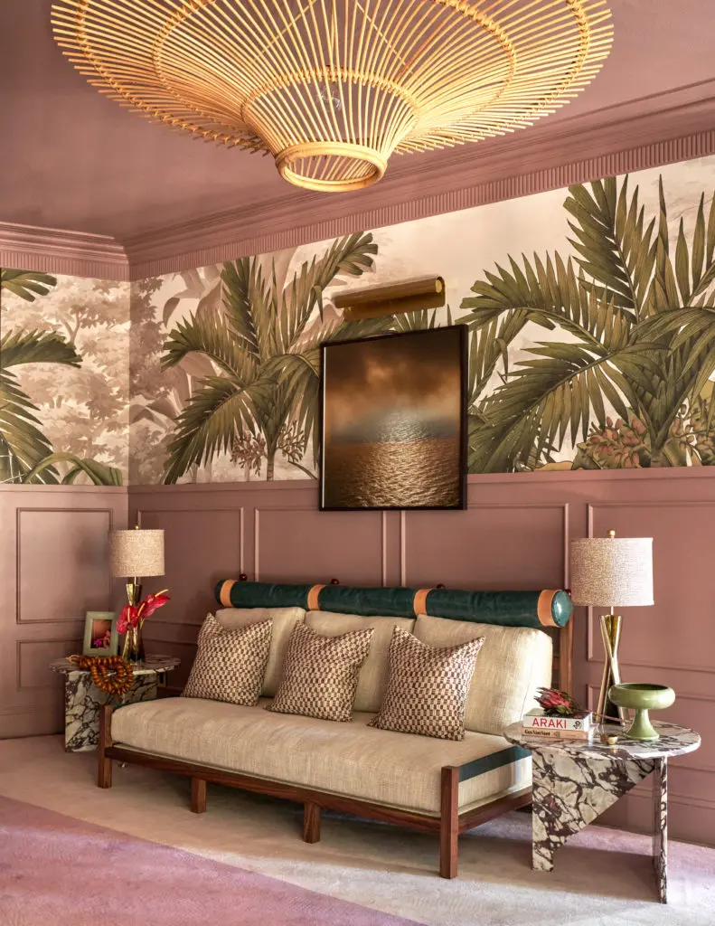 Christina Kim Interior Design evokes the dreamy moodiness of a Wong Kar-Wai film in the Main Staircase and Second Floor Landing. (Photo by Nathan Schroder)