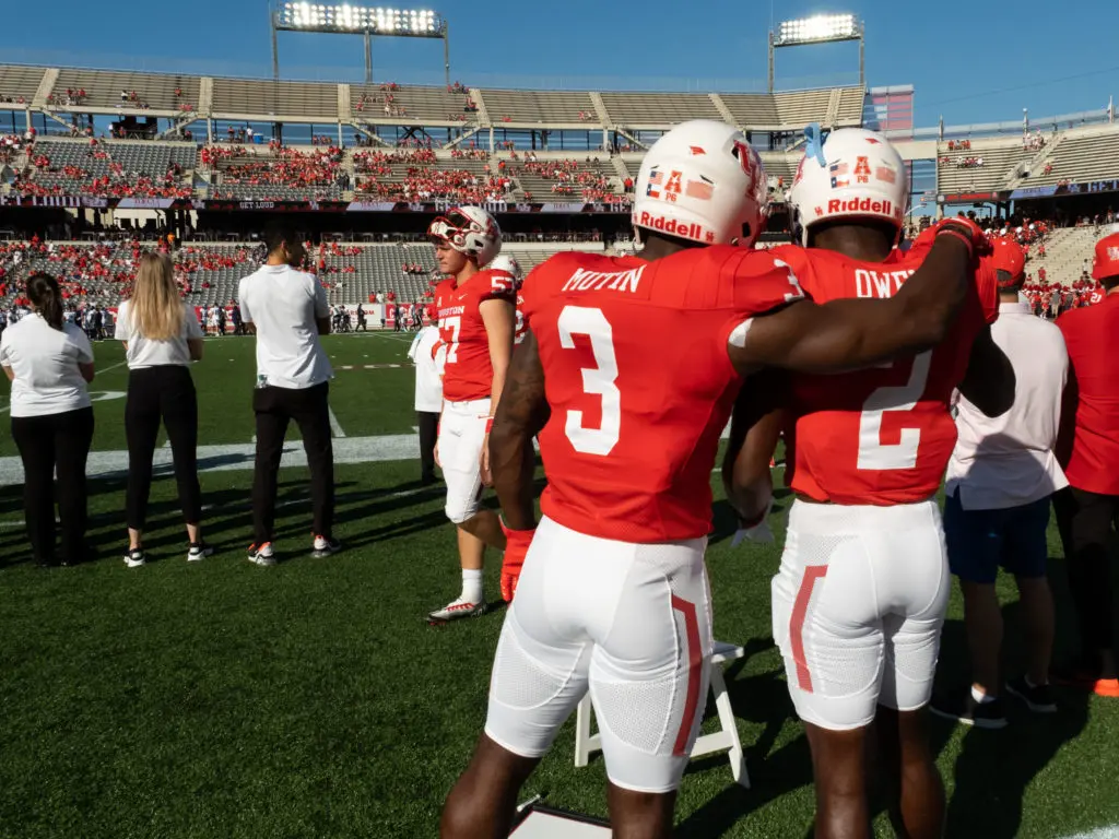 UH defensive leaders Donavan Mutin and Gervarrius Owens spent the game on the sidelines.  (Photo by F. Carter Smith)