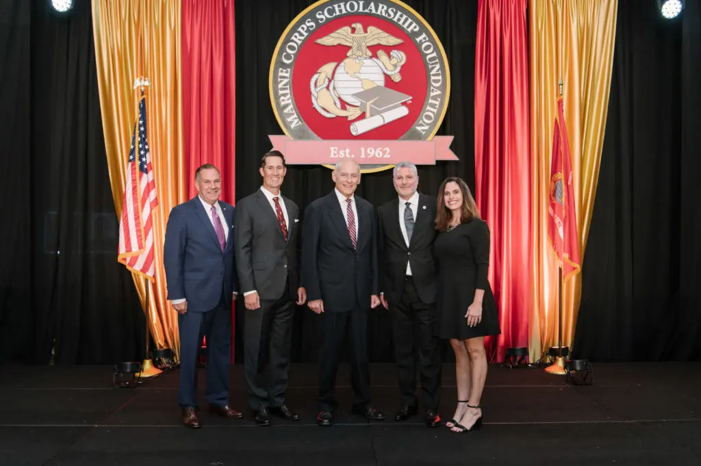 Marine Corps Scholarship Foundation president and CEO Lt. Col. Ted Probert USMC (ret.), 2022 Houston honoree Donovan Campbell, military guest of honor Gen. John F. Kelly USMC (ret.), Lone Star State co-campaign chairs Mark & Annelyse Frugoni at the MSCF Houston awards dinner.