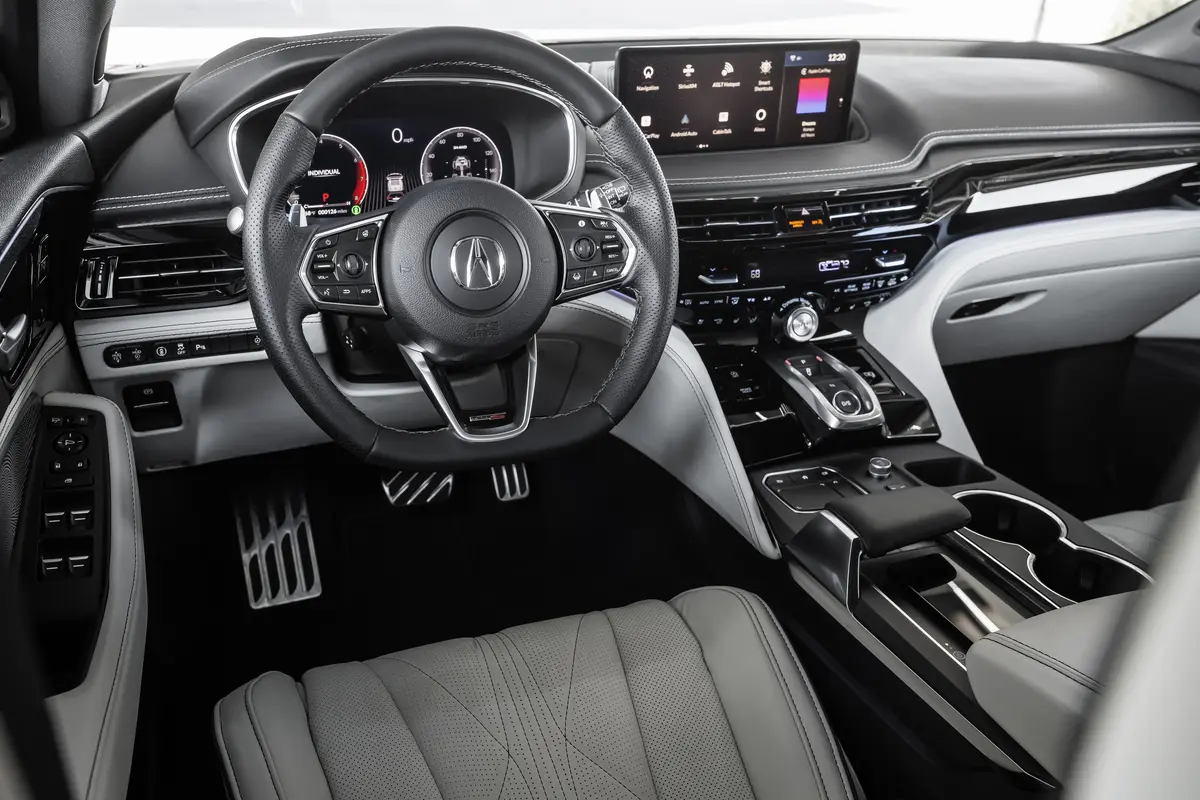 For the ultimate in power and poise, the Advance package includes a 25-speaker ELS Studio 3D Signature sound system, open pore wood trim, acoustic laminated glass, massaging (and ventilated) Milano leather seats with Ultrasuede trim and 10.5-inch head-up display. (Courtesy Acura)