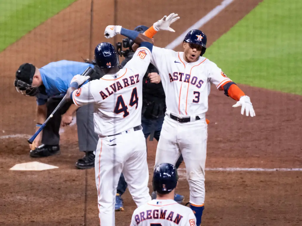 Houston Astros superstar Yordan Alvarez is just as happy to celebrate a Jeremy Pena home run as one of his own. (Photo by F. Carter Smith)