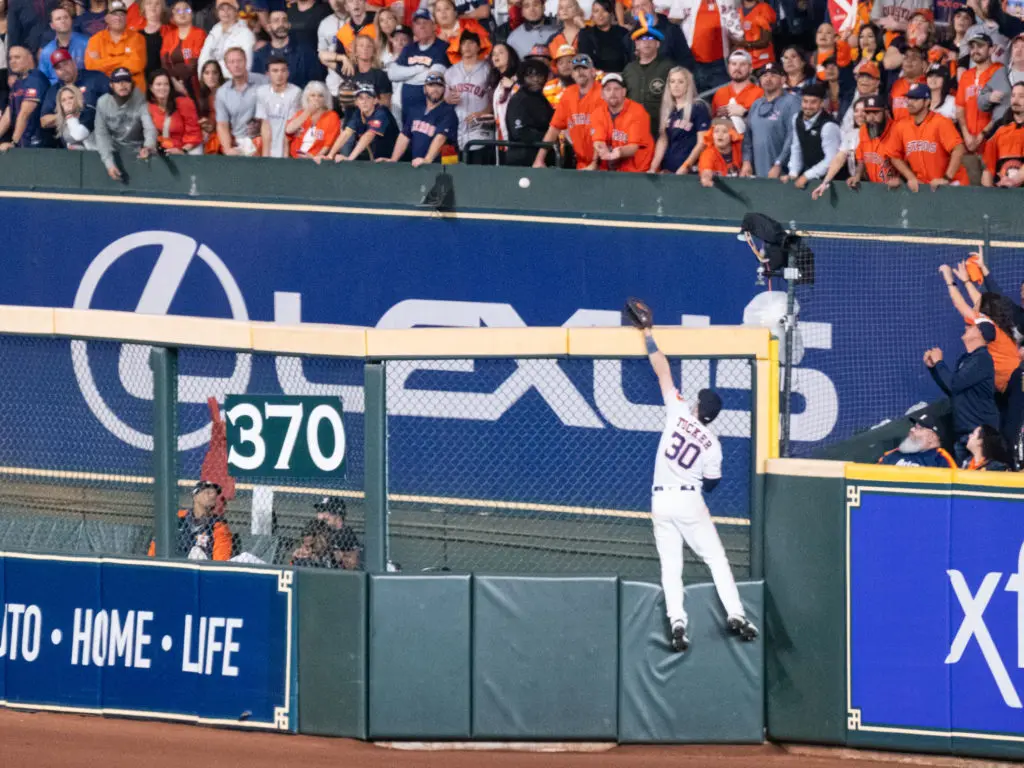 Houston Astros right fielder Kyle Tucker couldn't come up with this Yankees long ball. (Photo by F. Carter Smith)