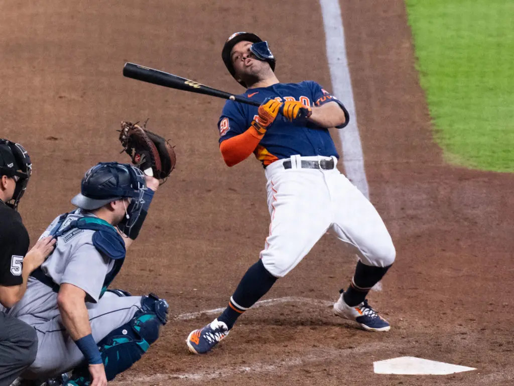 Houston Astros stalwart Jose Altuve gets out of the way of a pitch. (Photo by F. Carter Smith)