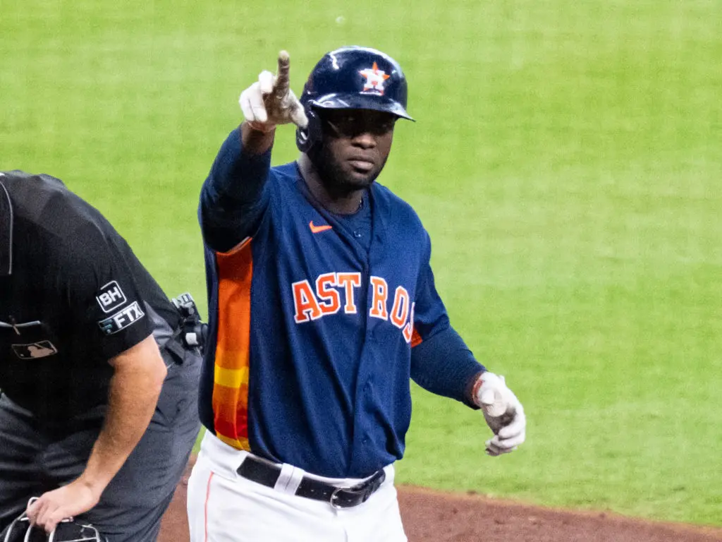 Houston Astros star Yordan Alvarez often points to his parents in the stands after creating a big moment. (Photo by F. Carter Smith)