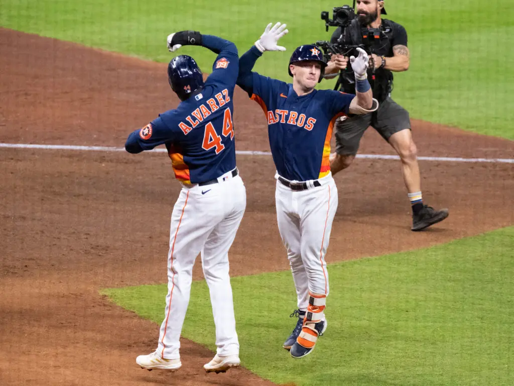 Yordan Alvarez loved celebrating a big Alex Bregman home run.  (Photo by F. Carter Smith)