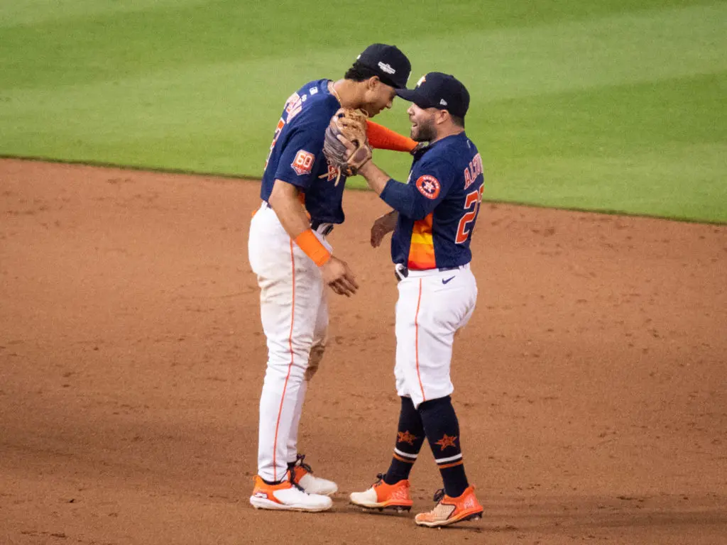 Houston Astros rookie Jeremy Pena and Jose Altuve are already close. (Photo by F. Carter Smith)
