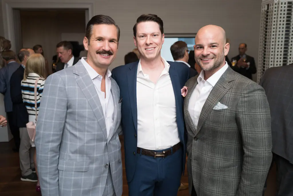 Aaron Laine, Todd Beckendorff, Christopher Alexander at the grand opening of the 1661 Tanglewood luxe sale office in Uptown Park. (Photo by Daniel Ortiz)