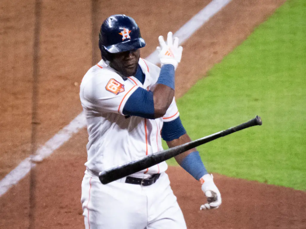 Yordan Alvarez made a game-changing swing and then flipped his bat. (Photo by F. Carter Smith)