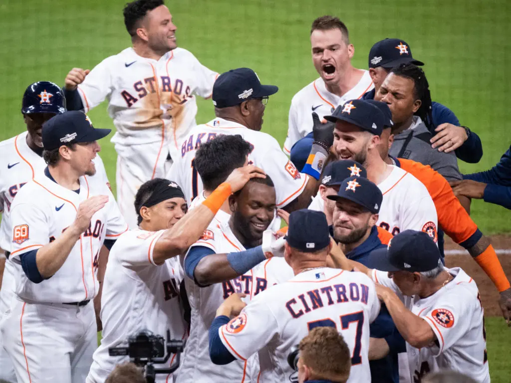 Everyone wanted a piece of Yordan Alvarez after he went walkoff hero at Minute Maid Park. (Photo by F. Carter Smith)