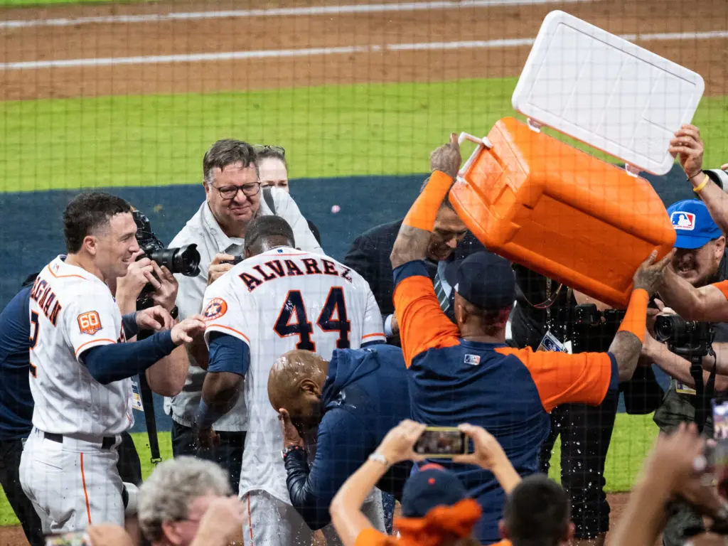 Yordan Alvarez got doused with plenty of water and ice after his epic walkoff home run in the bottom of the ninth against the Seattle Mariners. (Photo by F. Carter Smith)