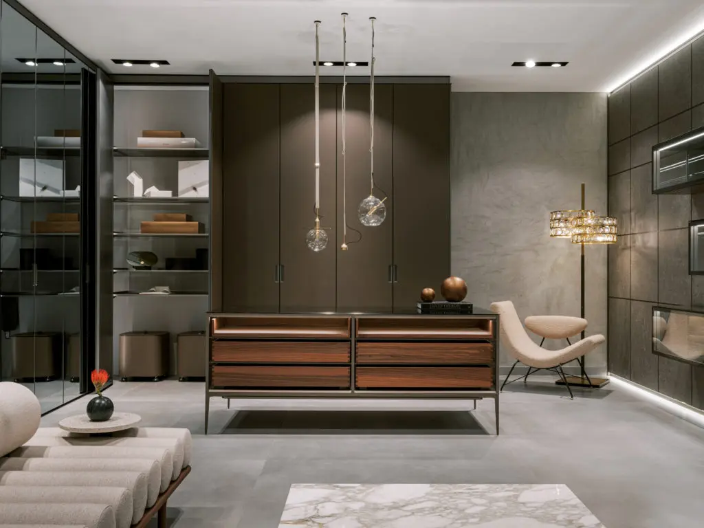 Create your dream closet with the Rimadesio Cover Closet System, Alambra Island and Tray Coffee Table. (Photo by Divya Pande)