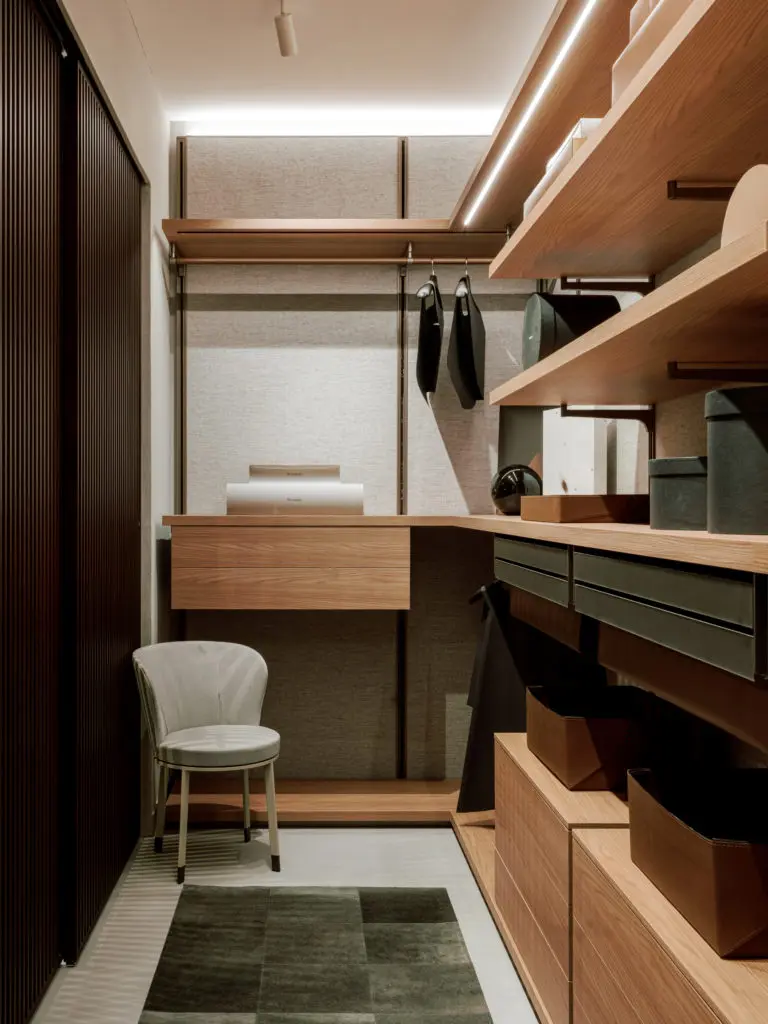 Luxurious finishes featured in the Rimadesio Dress Bold Closet System paired with the Sail Sliding System. (Photo by Divya Pande)