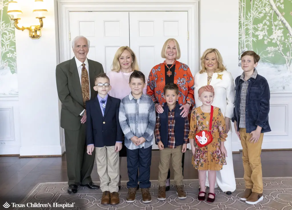 Texas Children’s Cancer and Hematology Center Salute to Champions chairs Scott Basinger, Judi McGee, Elsie Eckert, and Sidney Faust with Patient Champions Owen, Mason, Zach, Nova and Bennett (Photo Courtesy of Texas Children's Hospital)