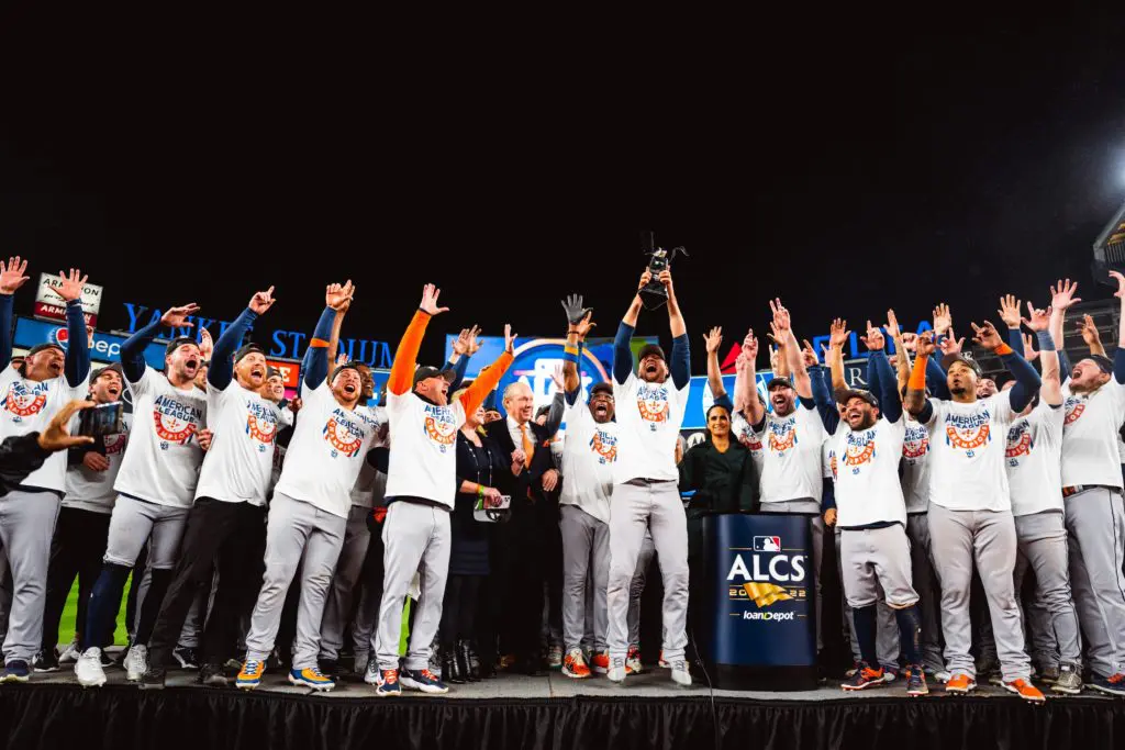 The Houston Astros are raising trophies at Yankee Stadium, heading to the World Series for the fourth time in six years. (@Astros)