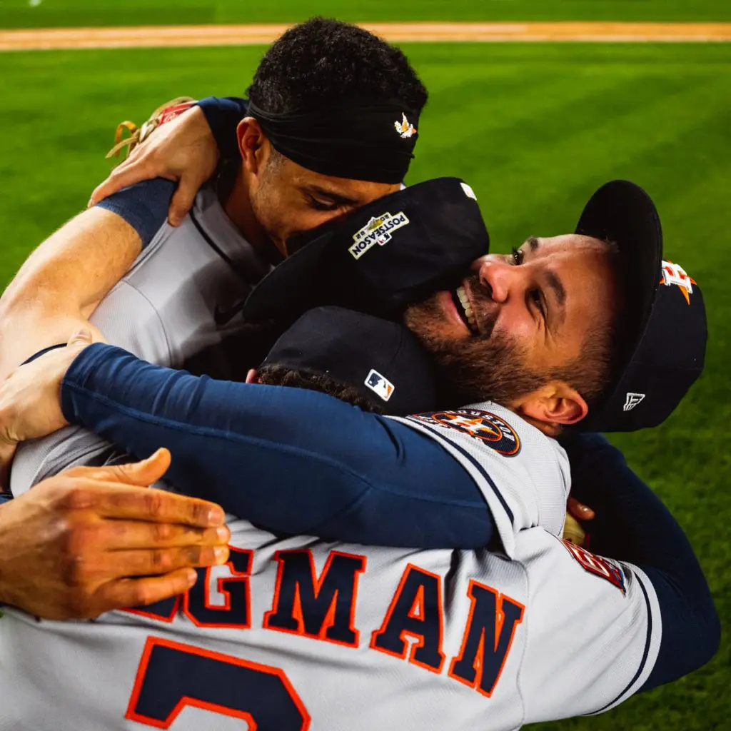 Jeremy Peña, Alex Bregman and Jose Altuve just held on tight after completing the sweetest of sweeps of the Yankees. And punching the Astros' World Series ticket once again. (@Astros)
