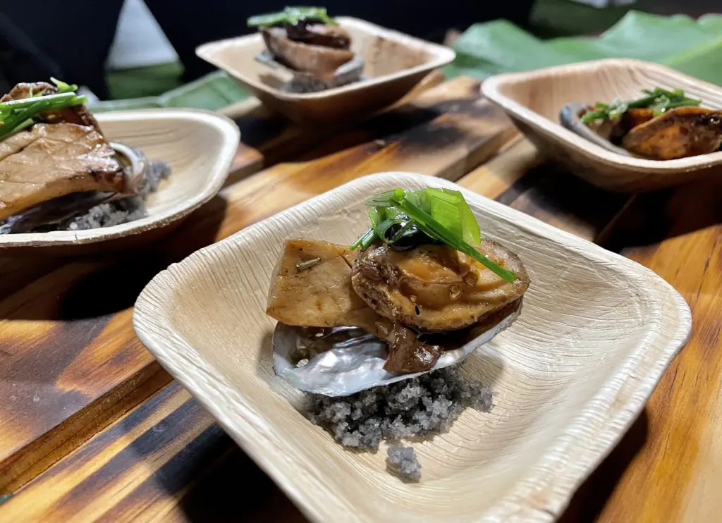 Chef Kevin Meehan's grilled big island abalone, which he paired with Hamakua mushrooms. Photo by Courtney Dabney.