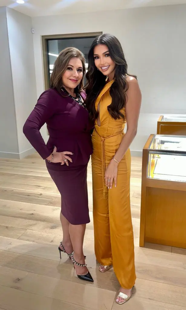Debbie Festari, Victoria Hinojosa, Miss Texas USA 2021, at the Una Notte in Italia luncheon held at Zadok Master Jewelers. (Courtesy photo) (Photo by Quy Tran)