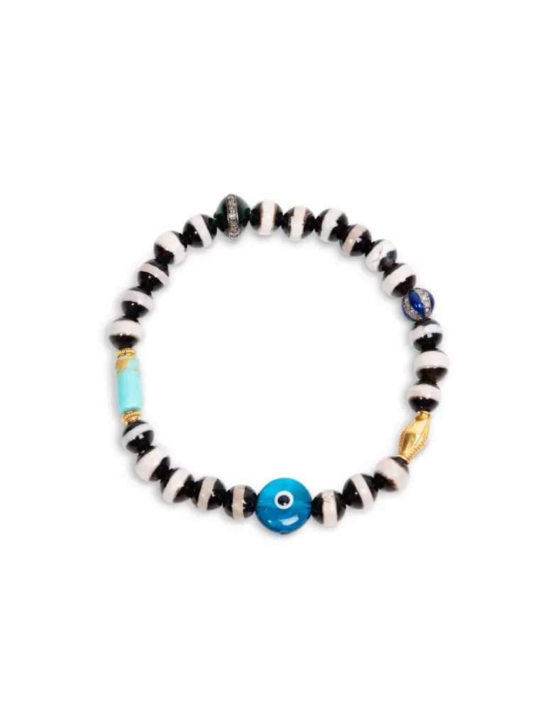 Ileana Makri Striped Black Agate Pave Enamel Ball and Evil Eye Beaded Bracelet 