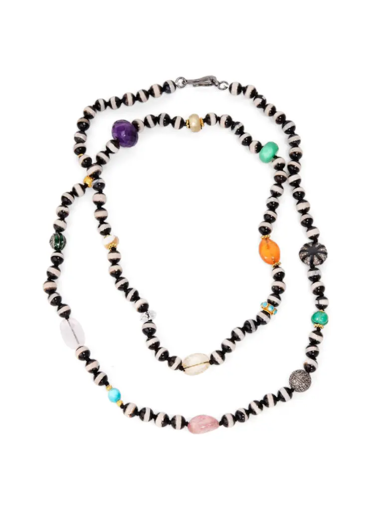 Ileana Makri Striped Black Agate and Multicolor Stone and Pave Ball Long Beaded Necklace