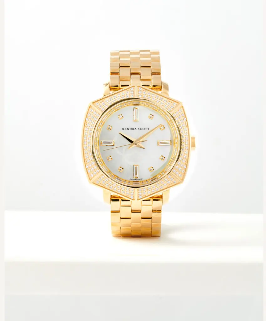 Kendra Scott Dira Gold Diamond 38mm Watch ($8,995) made with ivory mother of pearl