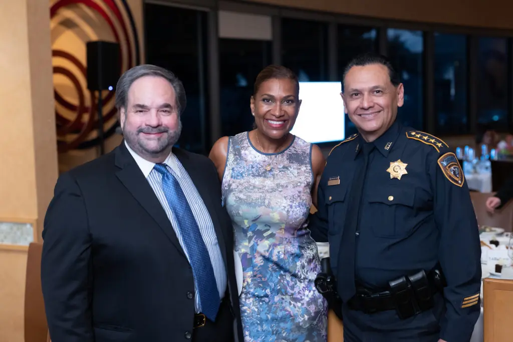 Lee Vela, City Council member Letitia Plummer, Harris Country Sheriff Ed Gonzalez at the 'Honoring Texas Victims' dinner at Tony's  (Photo by Daniel Ortiz)