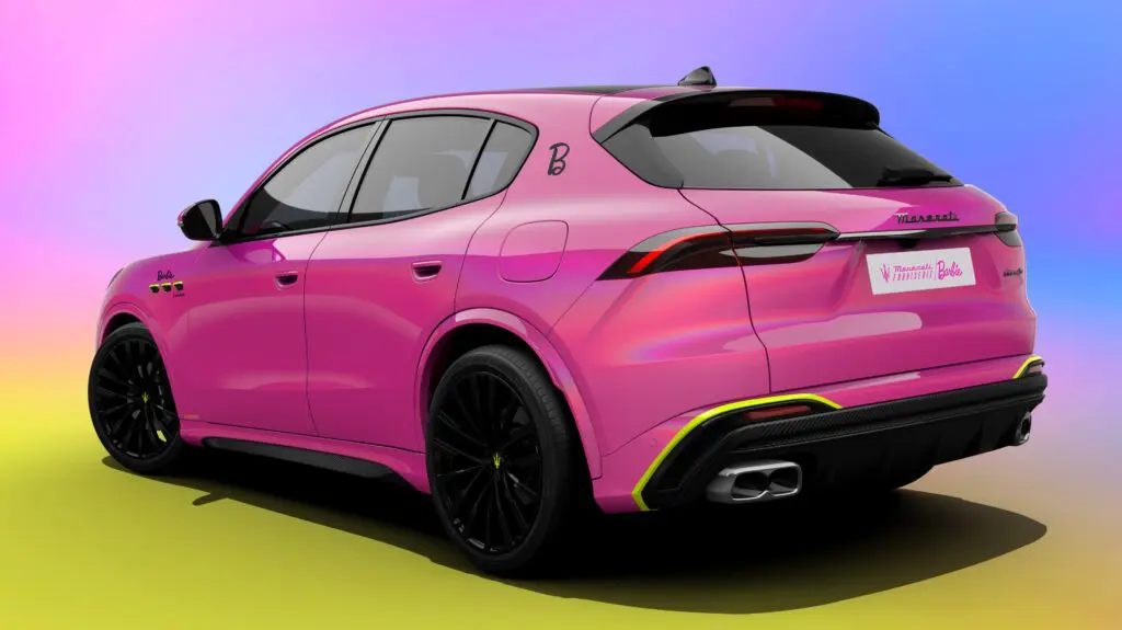 The Barbie-edition Maserati Grecale Trofeo SUV that has been doused with enough pink to make even Mary Kay blush. (Courtesy Maserati)