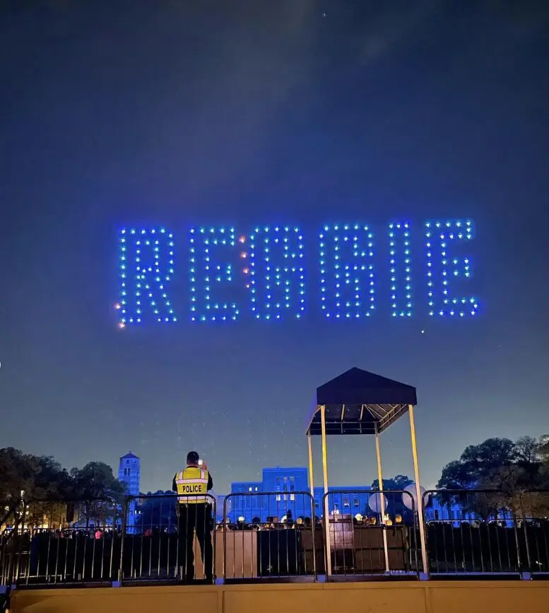 Rice president Reginald DesRoches's nickname spelled out in drones created for 'The Investiture Gala' by Verge Aero.