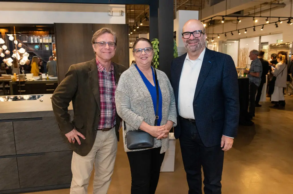 Steve Stelzer,  program director of the city’s CE Green Building Resource Center; English + Associates Architects' Kathleen English, AIA Houston executive director Rusty Bienvenue at the Houston AIA Home Tour Appreciation Party (Photo by Killy Chavez)