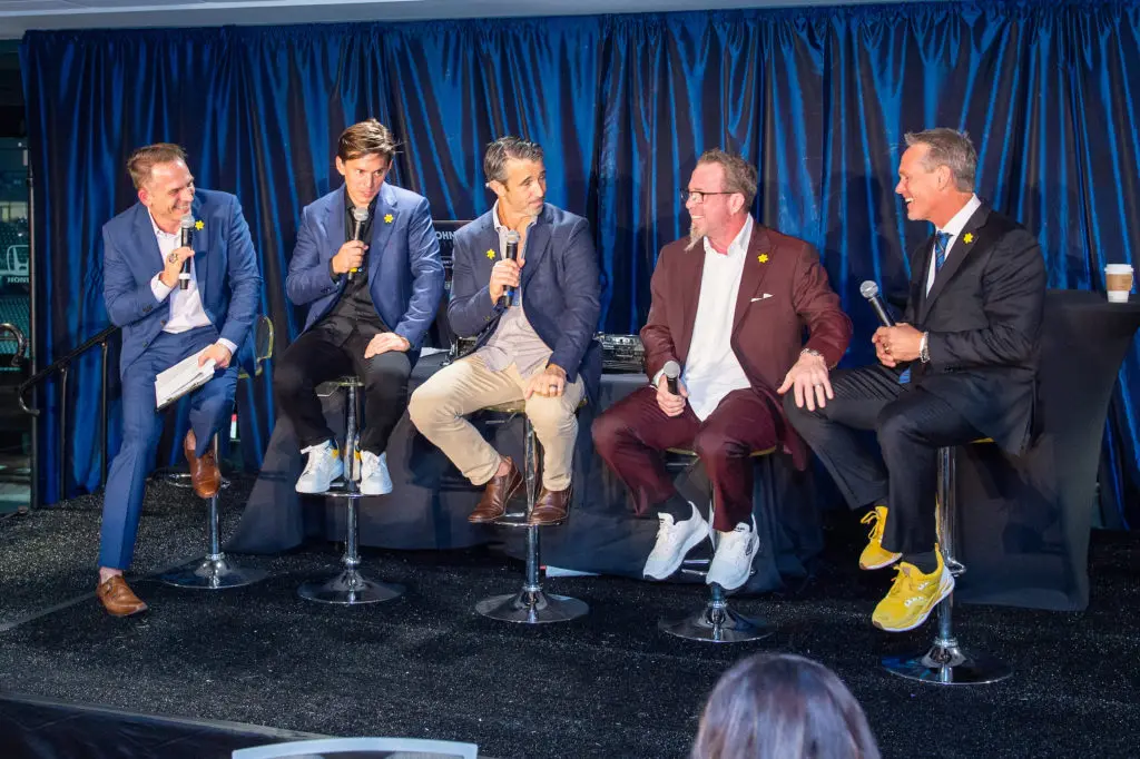 Johnny Bravo, Connor Biggo, Brad Ausmus, and Jeff Bagwell gently roast Sunshine Kids dinner honoree Craig Biggio at Minute Maid Park. (Photo by Jacob Power)
