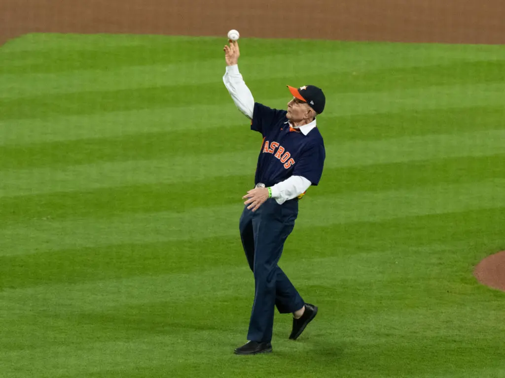 Mattress Mack threw out the first pitch before Game 6 of the World Series — and then won $75 million. (Photo by F. Carter Smith)