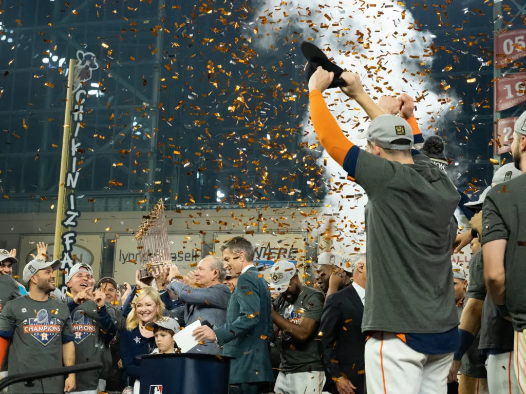 As golden confetti floated down, the Houston Astros enjoyed every moment of the championship presentation. (Photo by F. Carter Smith)