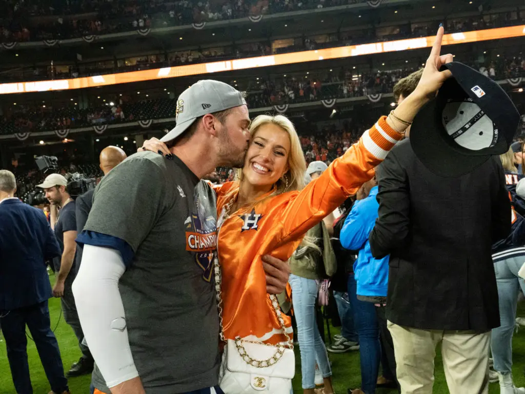 Astros trade deadline acquisition Trey Mancini kissed his fiancee Sara Perlman, who he credits with getting him through a scary cancer fight just two years ago. (Photo by F. Carter Smith)