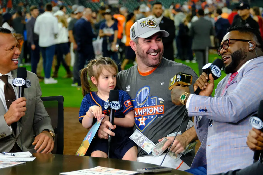 Justin Verlander did interviews with his daughter Genevieve in his arms like so many of these family partying Astros after the World Series triumph last fall. (Photo by F. Carter Smith)