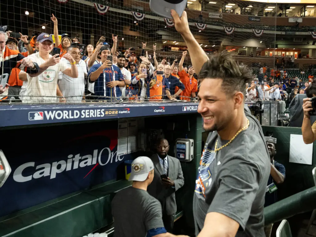 Yuli Gurriel took delight in pumping up all those happy Astros fans. (Photo by F. Carter Smith)
