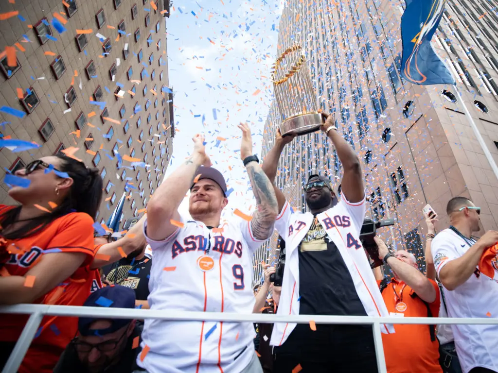Houston Astros catcher Christian Vazquez and Yordan Alvarez are champions. (Photo by F. Carter Smith)