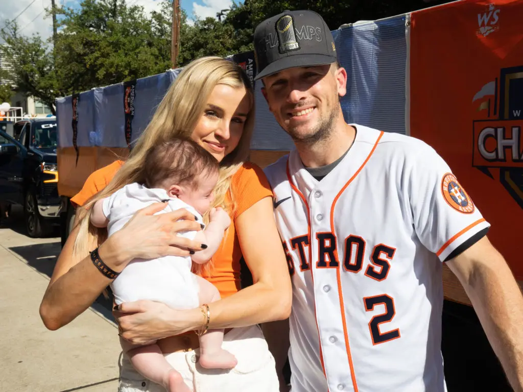 Reagan, little Knox and Alex Bregman are enjoying the Astros' World Series' parties. (Photo by F. Carter Smith)