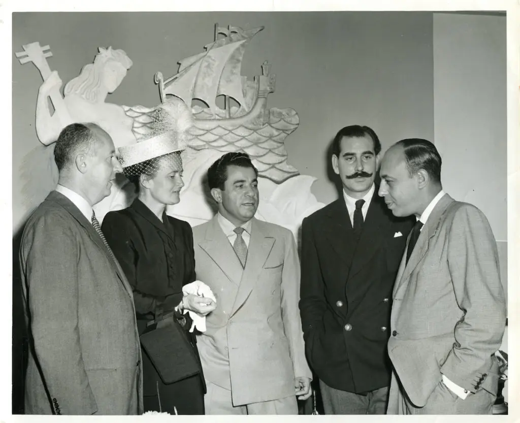 Christian Dior, Irene Gibbons, Salvatore Ferragamo, George Mitchison, and Stanley Marcus at the Neiman Marcus Fashion Award Ceremony (1947) - Courtesy of SMU
