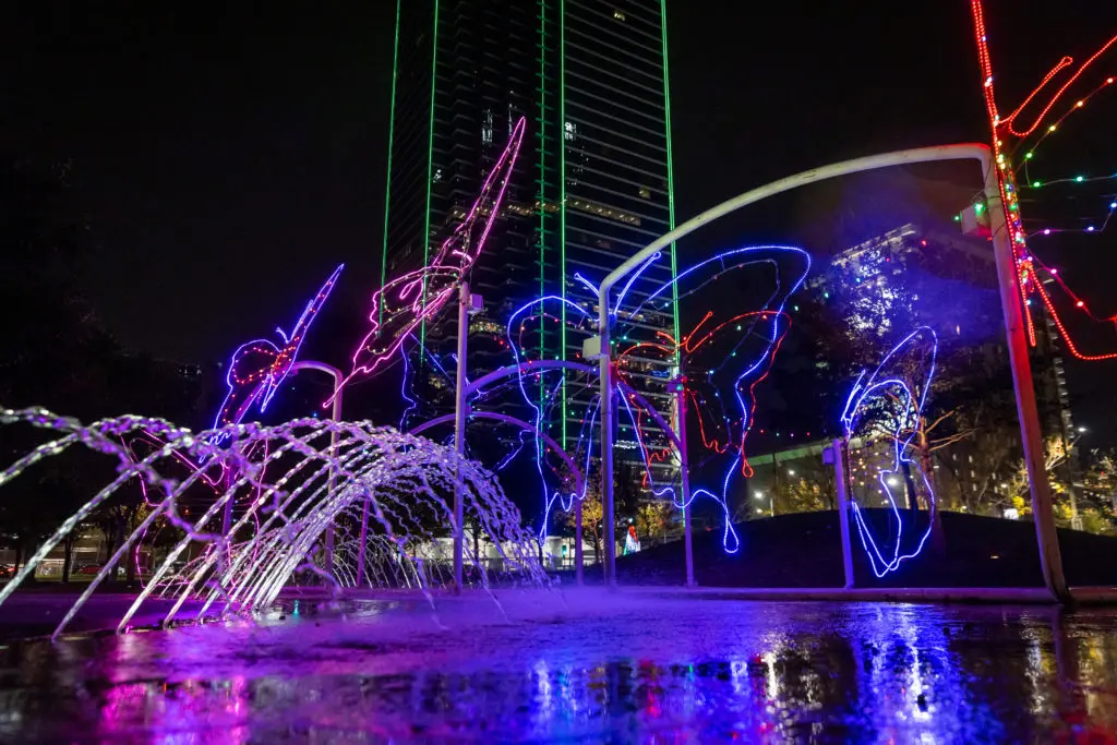 The beautiful metal sculpture of eight LED-lit butterflies is on display, with the highest butterfly’s pinnacle soaring about 18 to 20 feet above the ground.