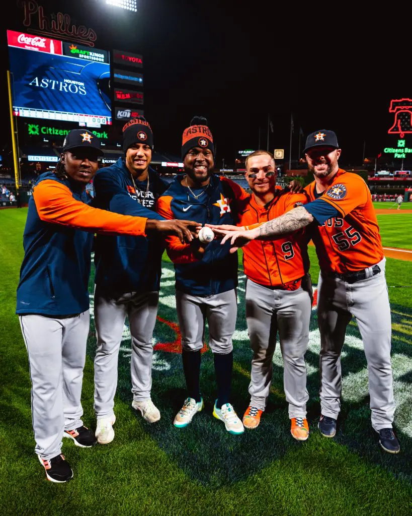 Rafael Montero, Bryan Abreu Cristian Javier, catcher Christian Vazquez and Ryan Pressly worked together to secure the second no hitter in the entire 118 year history of the World Series. (@Astros)