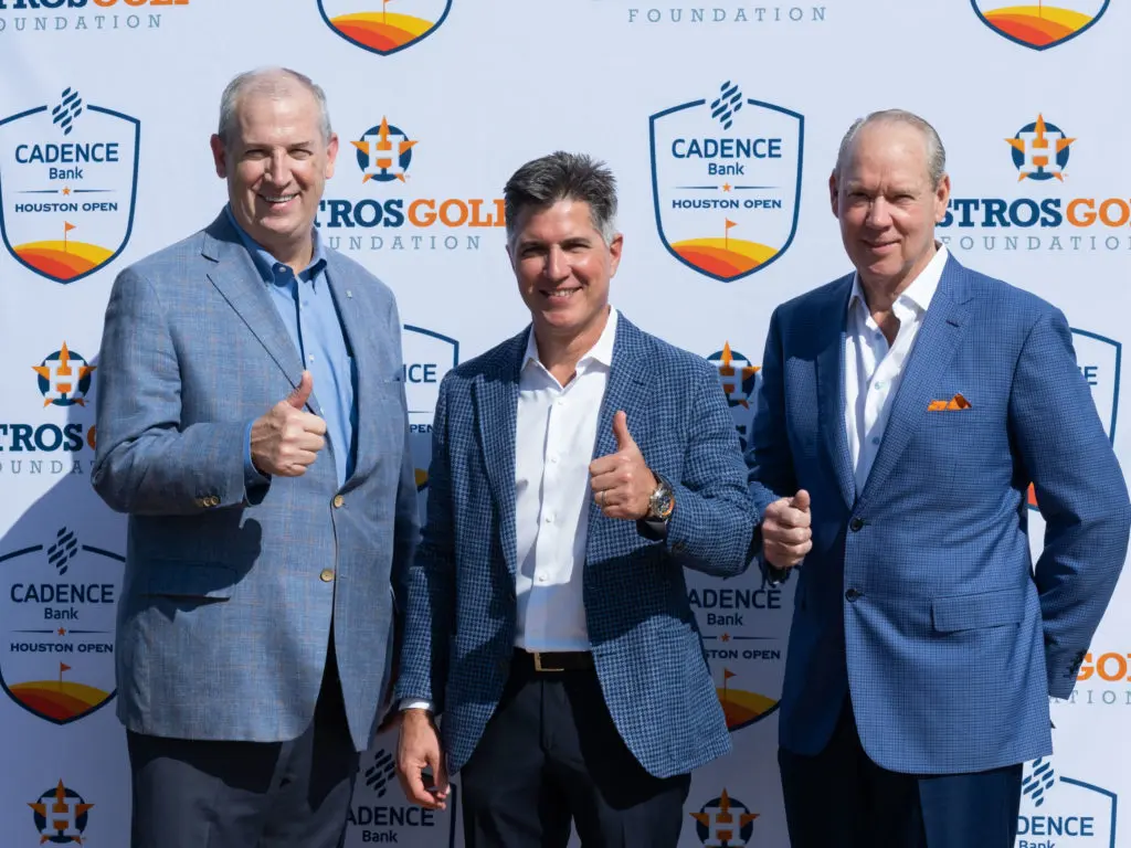 Cadence Bank CEO James D. Rollins, Astros Golf Foundation   president Giles Kibbe and Jim Crane are all thumbs up on the Houston Open continuing to grow. (Photo by F. Carter Smith)