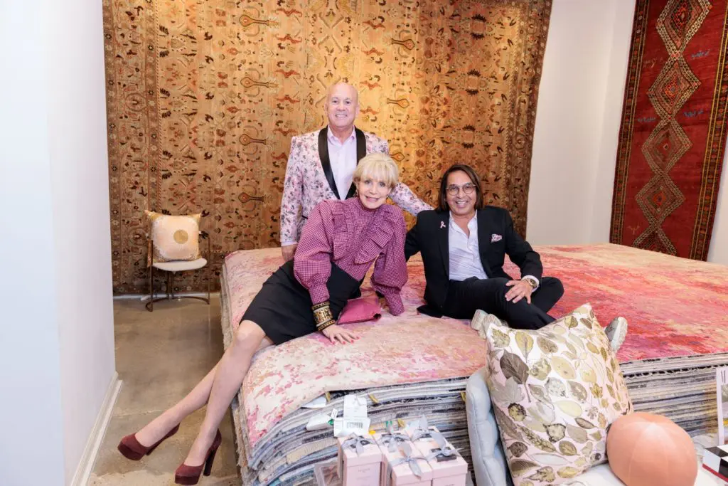 Leisa Holland-Nelson, Bruce Banta, Oscar Guevara Banta at the Arsin Rug Gallery one year anniversary celebration in Decorative Center Houston. 