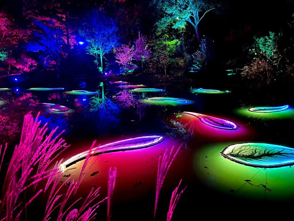 Dramatic scenes at Fort Worth's Lightscape installation. Photo by Allison Yarid.