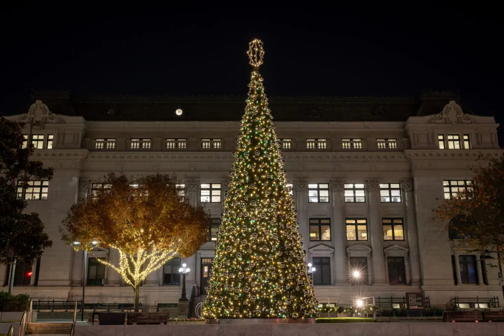 Visit Main Street Garden to witness the gorgeous holiday tree, featuring 3,000 bulbs, 10,000 mini lights, and 450 ornaments.