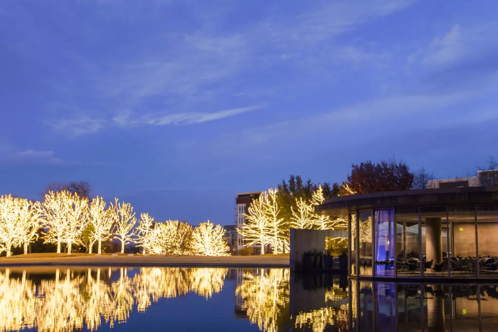 The magical grounds and reflecting pool of The Modern Art Museum of Fort Worth light up during Modern Lights.