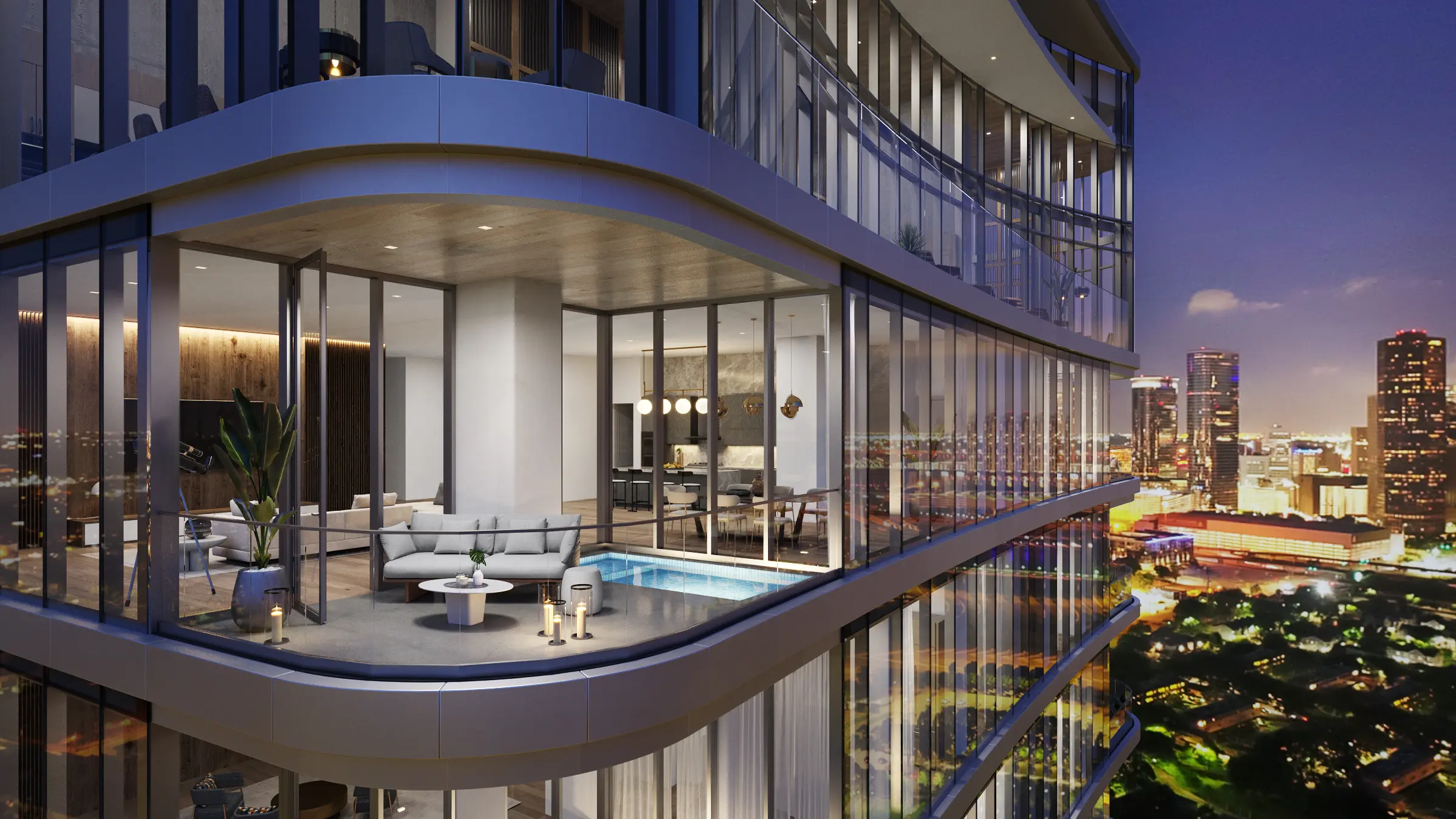 Each floor plan, ranging from a one-bedroom to a full-floor penthouse was designed to maximize the breathtaking views of the city with floor-to-ceiling windows and balconies in most units.