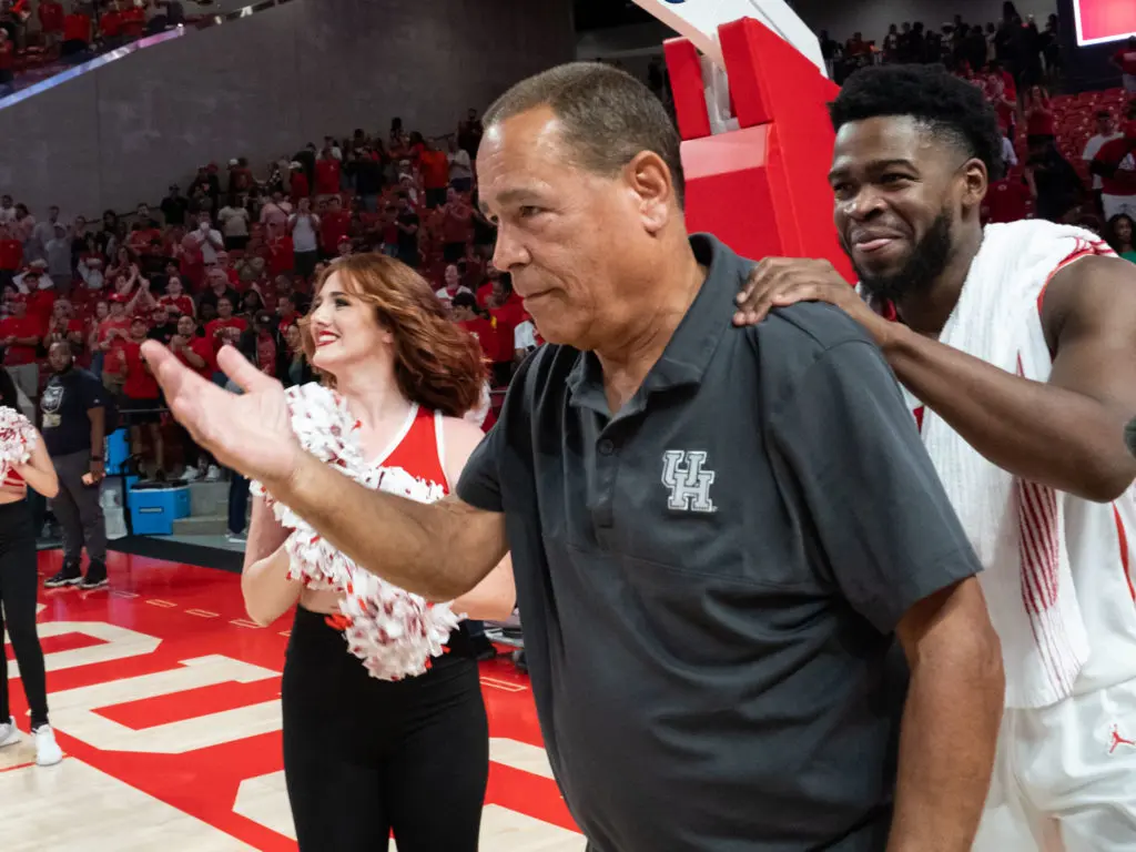 University of Houston point guard Jamal Shead was pumped up to be part of Kelvin Sampson's 700 win night. (Photo by F. Carter Smith)
