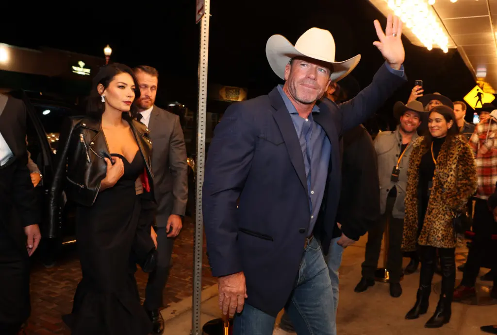 Taylor Sheridan and his wife Nicole Sheridan arrive at  the premiere for Paramount Network's "Yellowstone" Season 5 at Hotel Drover on November 13, 2022 in Fort Worth, Texas. (Photo by Richard Rodriguez/Getty Images for Paramount).