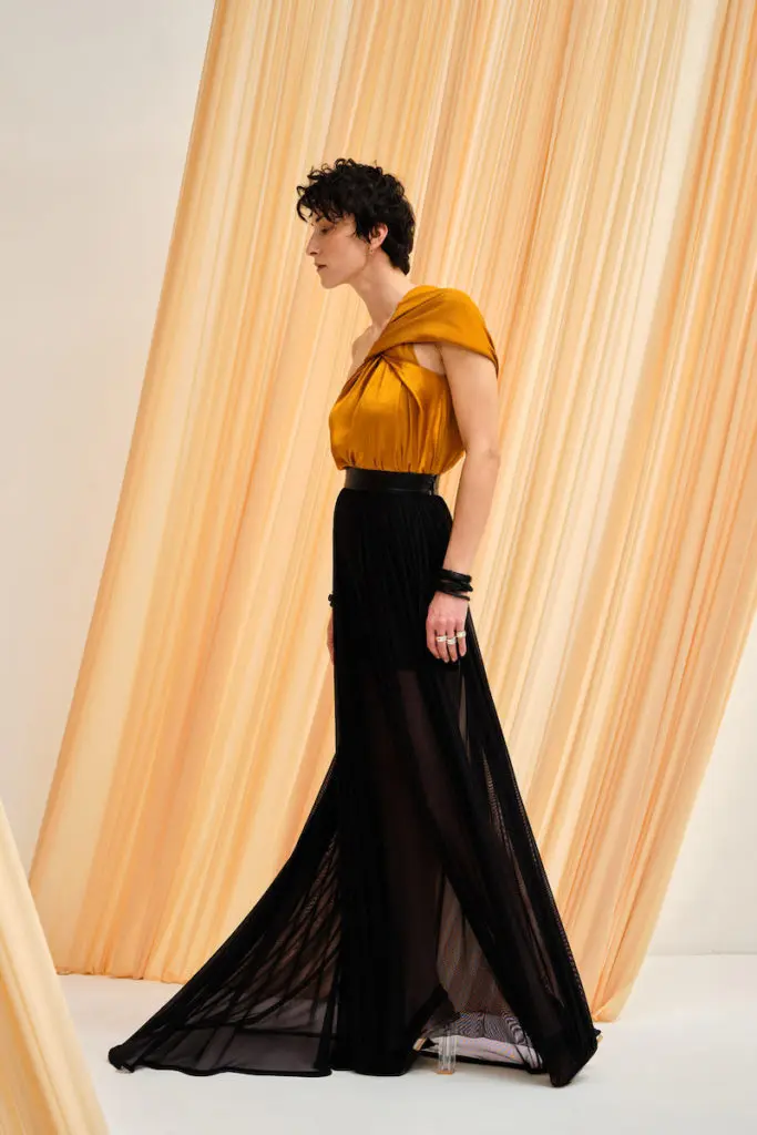 Palmer Harding Single Twisted Top in saffron hammered satin, $395